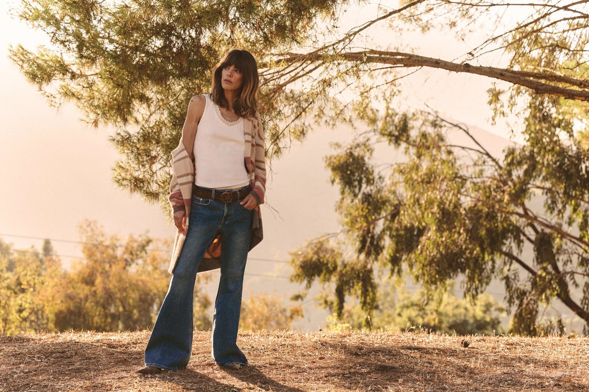 SEAS Holiday 2025 Look 14 - Unwind Striped Coatigan in Multi, Rhys Bootcut Jean in Coastal Haze